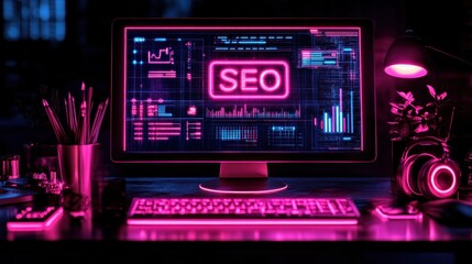 Obraz premium Creative Software with SEO Text and Charts on Screen