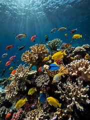 Dive into a vibrant coral reef teeming with diverse fish and marine life.