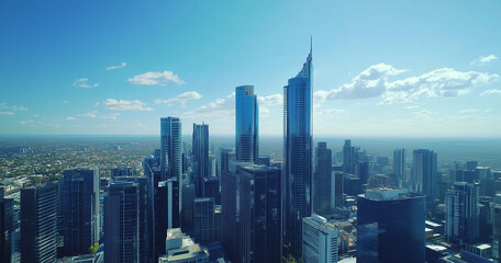 Fototapeta premium Aerial View of City Skyline and Skyscrapers Under Blue Sky and White Clouds