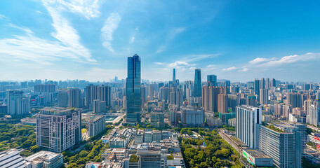 Fototapeta premium Aerial View of City Skyline and Skyscrapers Under Blue Sky and White Clouds