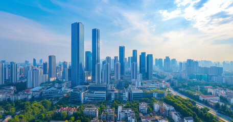Fototapeta premium Aerial View of City Skyline and Skyscrapers Under Blue Sky and White Clouds