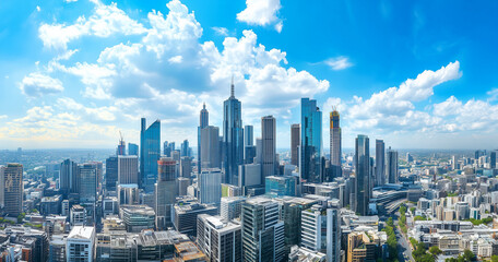 Fototapeta premium Aerial View of City Skyline and Skyscrapers Under Blue Sky and White Clouds