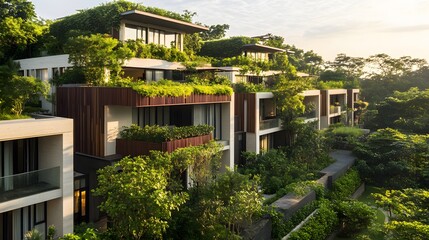Lush green residential buildings with modern architecture and landscaping