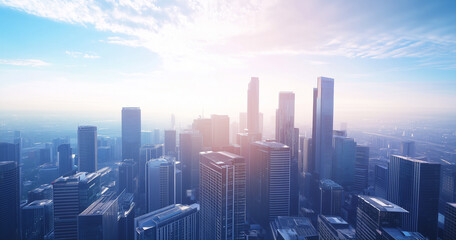 Fototapeta premium Aerial View of City Skyline and Skyscrapers Under Blue Sky and White Clouds