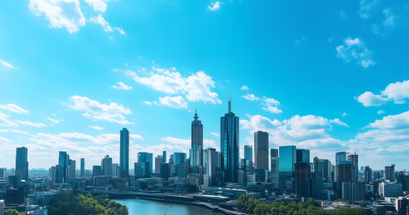 Aerial View of City Skyline and Skyscrapers Under Blue Sky and White Clouds