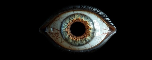 Detailed close-up of a realistic human eye on black background. Vision and perception concept