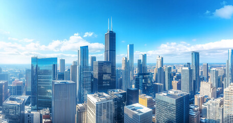 Fototapeta premium Aerial View of City Skyline and Skyscrapers Under Blue Sky and White Clouds