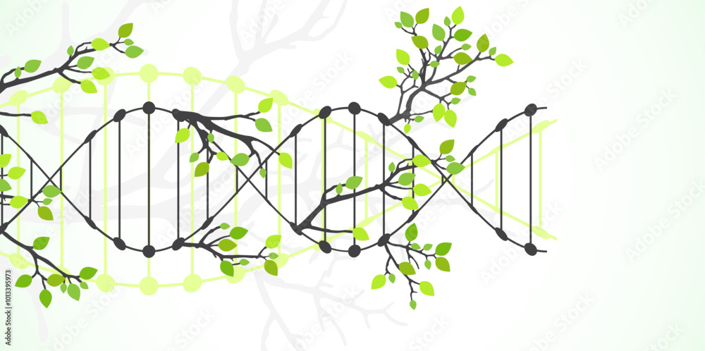 Poster scientific medical background with abstract image of dna molecule and tree branches. hand drawn vect
