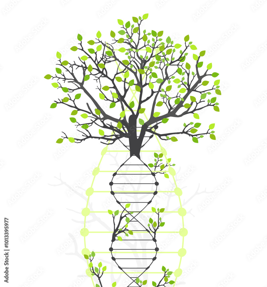 Poster scientific medical background with abstract image of dna molecule and tree branches. hand drawn vect