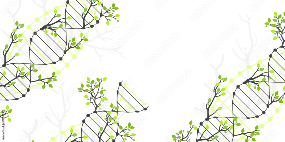 Poster scientific medical background with abstract image of dna molecule and tree branches. hand drawn vect