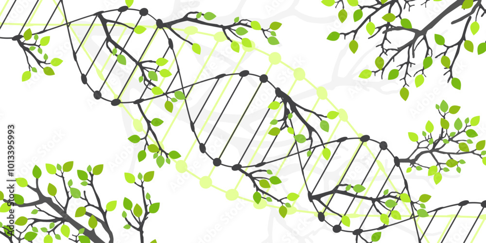 Poster Scientific medical background with abstract image of dna molecule and tree branches. Hand drawn vector illustration.
