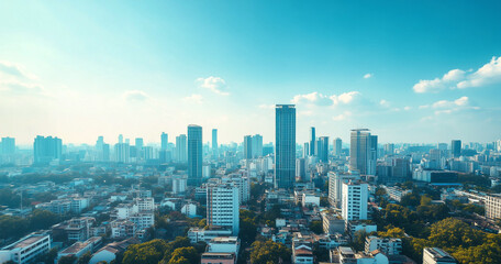 Obraz premium Aerial View of City Skyline and Skyscrapers Under Blue Sky and White Clouds