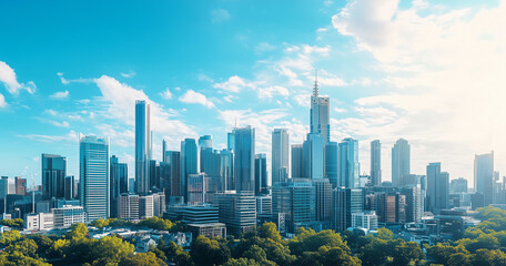 Fototapeta premium Aerial View of City Skyline and Skyscrapers Under Blue Sky and White Clouds