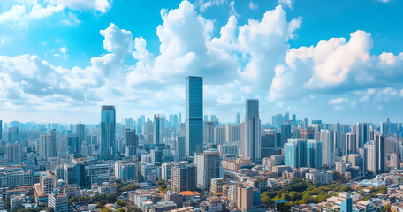 Fototapeta premium Aerial View of City Skyline and Skyscrapers Under Blue Sky and White Clouds