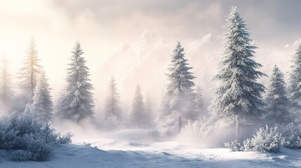 Naklejka premium Serene Winter Landscape with Snow-Covered Trees