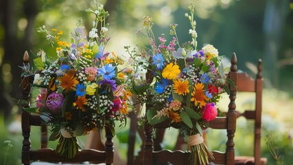 Two colorful wedding bouquets with sunflowers, blue eryngium, and pink peonies are hanging from wooden chairs in a garden setting - Powered by Adobe