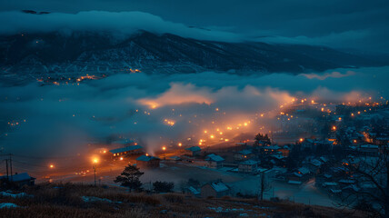 very thick and wavy sea of ​​clouds covers a village at night, the village light and the car trail light lighten the clouds and make the clouds glow.