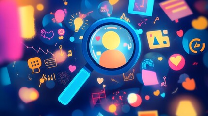 Fototapeta premium Magnifying glass icon surrounded by colorful digital icons