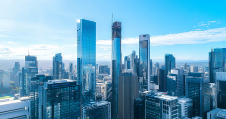 Obraz premium Aerial View of City Skyline and Skyscrapers Under Blue Sky and White Clouds