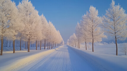 Obraz premium Under the heavy snow, the Metasequoia trees were covered with a soft brown velvet, the snowy road curved and stretched as far as the eye could see, the sky was as blue as a painting.