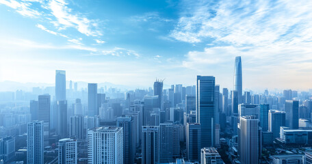 Fototapeta premium Aerial View of City Skyline and Skyscrapers Under Blue Sky and White Clouds