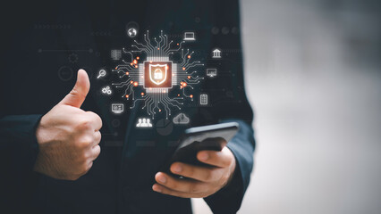 Cybersecurity and privacy concepts to protect data. Lock icon and internet network security technology. Businessman protecting personal data on smartphone, virtual screen interfaces. cyber security.