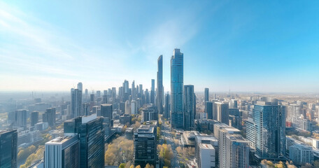 Fototapeta premium Aerial View of City Skyline and Skyscrapers Under Blue Sky and White Clouds