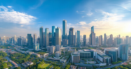 Aerial View of City Skyline and Skyscrapers Under Blue Sky and White Clouds