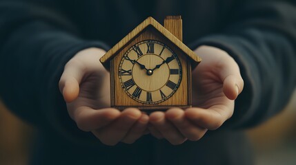 Hands holding a wooden clock with roman numerals