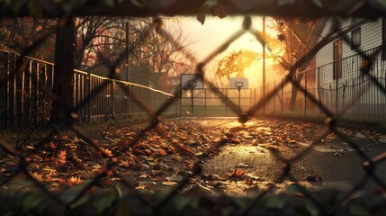 Hyper realistic sunset street view through old fence with autumn leaves and eerie school vibe