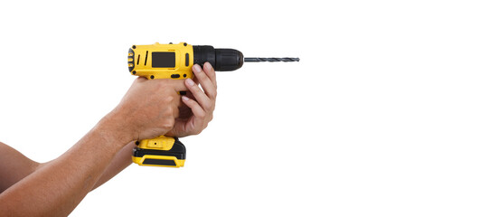 Yellow Cordless drill holding with Hand  isolated on white background. COPY SPACE