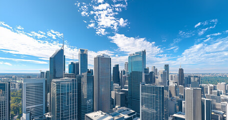 Obraz premium Aerial View of City Skyline and Skyscrapers Under Blue Sky and White Clouds