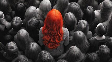 young beautiful redhead woman walking in crowd of people.