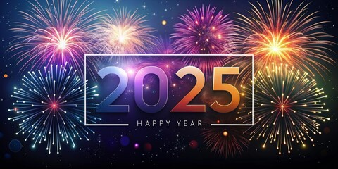 Banner 2025 New Year in a golden thin frame with fireworks on the background