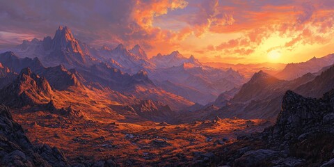 Fototapeta premium A vibrant sunset casts a warm glow over a rugged mountain range, illuminating the peaks and valleys with fiery hues.