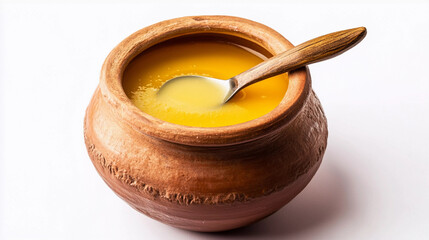 A2 Desi ghee in matki on white bakcground 