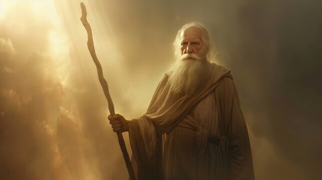 Elderly man resembling moses  a divine figure radiating wisdom and spirituality in ethereal light