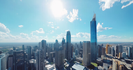 Obraz premium Aerial View of City Skyline and Skyscrapers Under Blue Sky and White Clouds