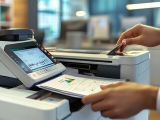 Close-up of a multifunctional office printer in action
