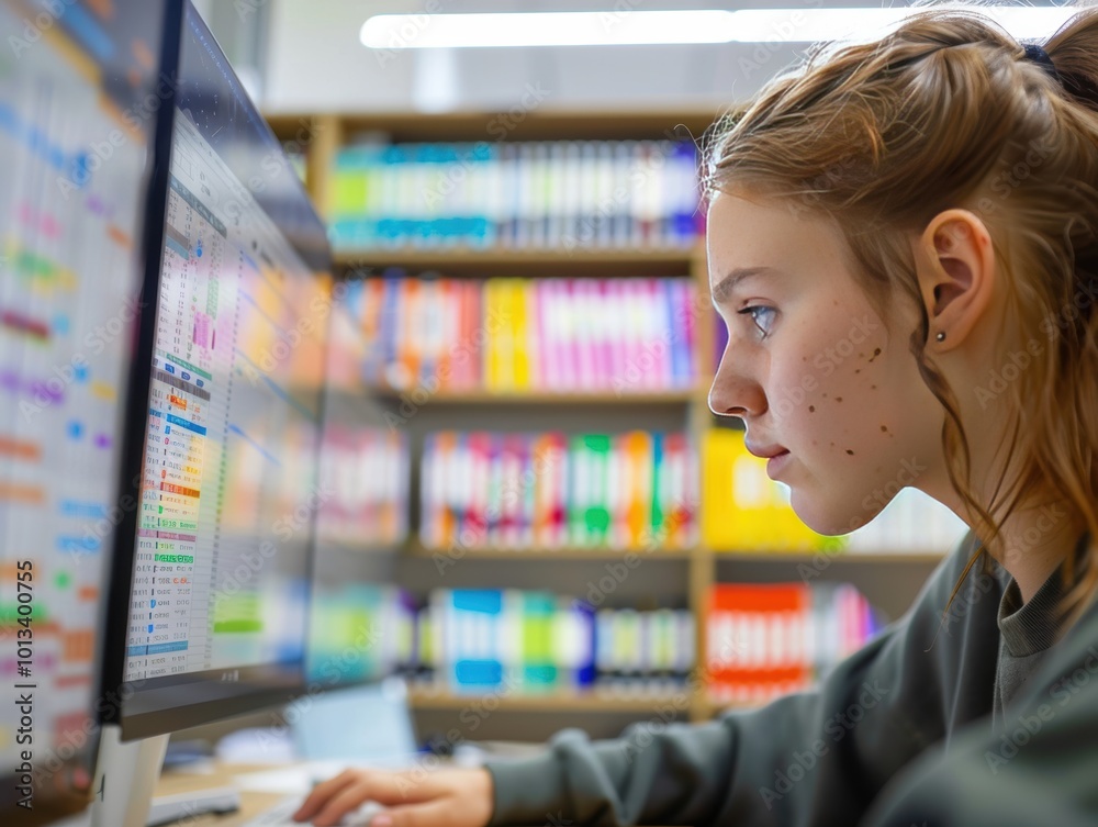 Poster student analyzing data on computer screen