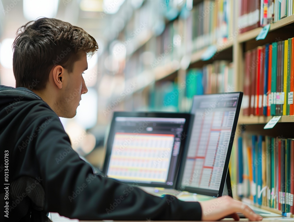 Poster student analyzing data on computer in library