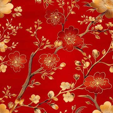 Floral Seamless Pattern, Chinese Oriental Flowers on Vivid Red Background, Wallpaper Loopable Swatch.