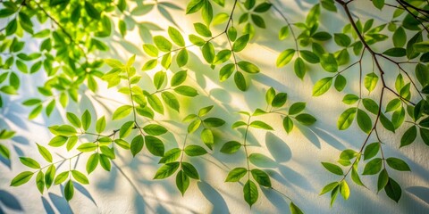 Obraz premium Soft sun rays against the background of a wall and branches with green leaves