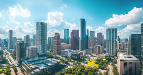 Naklejka premium Aerial View of City Skyline and High-Rise Buildings Under Blue Sky and White Clouds