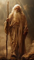 Naklejka premium Cinematic portrait of an elderly man resembling moses, exuding wisdom and spirituality in soft light