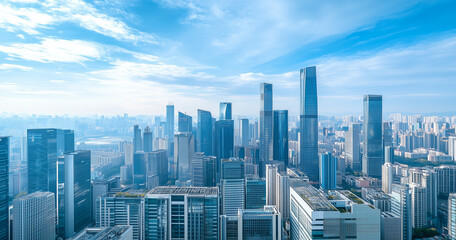 Aerial View of City Skyline and High-Rise Buildings Under Blue Sky and White Clouds