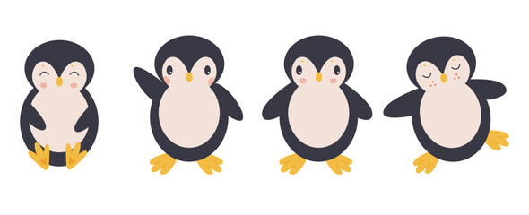a set of 4 funny penguins on a white background