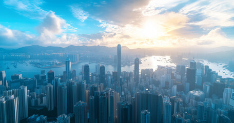 Fototapeta premium Aerial View of City Skyline and High-Rise Buildings Under Blue Sky and White Clouds