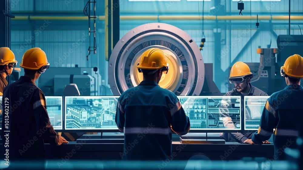 Poster engineers wearing safety helmets are monitoring and controlling production process using touch scree