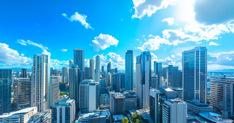 Aerial View of City Skyline and High-Rise Buildings Under Blue Sky and White Clouds